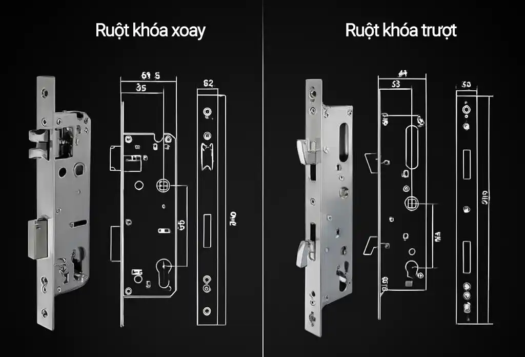 (Chèn hình 7: Ảnh 2 loại ruột khóa 3585 Swing và 3585 Sliding Mortise)